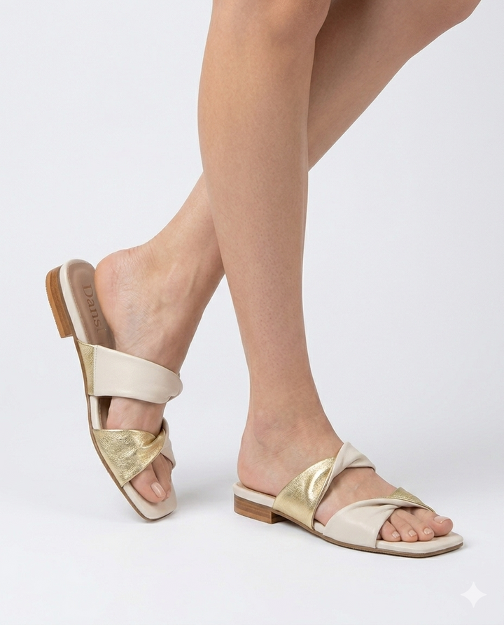 Modelo luciendo sandalias planas destalonadas tipo pala en piel color crema y metalizado oro modelo Nora Dansi
