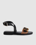 Sandalia plana mujer piel bicolor negra y cuero hebilla carey modelo Emma Dansi 8311 1
