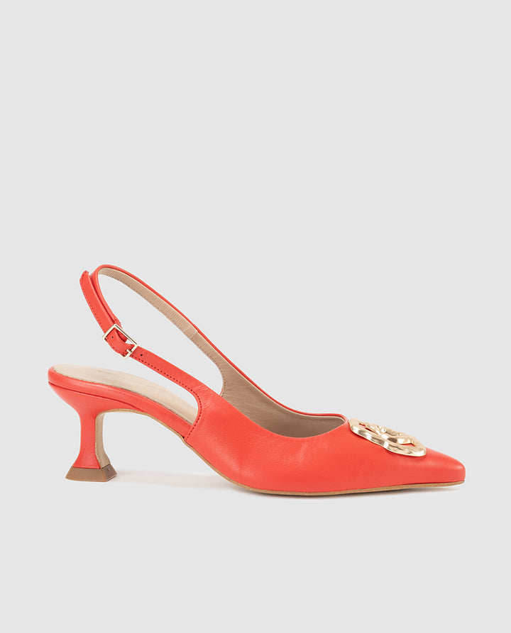 Zapato destalonado mujer piel mestizo coral tacon escultural adorno dorado modelo Indira Dansi 8414D 1
