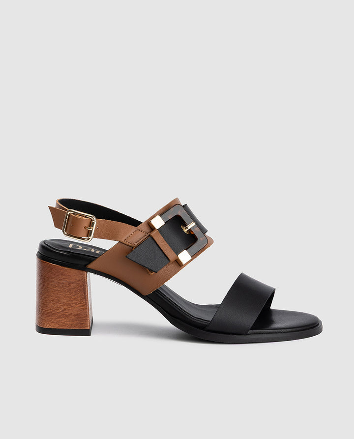 Sandalia tacon bloque mujer piel napa bicolor negro y  cuero modelo Vera Dansi 8455
