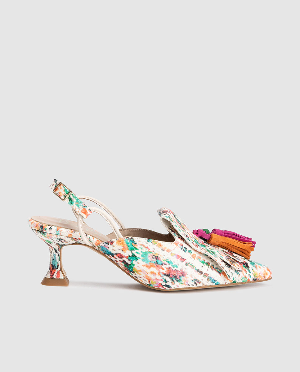 Zapato de tacón medio destalonado estampado floral con borlas de colores modelo Stella Dansi Spain